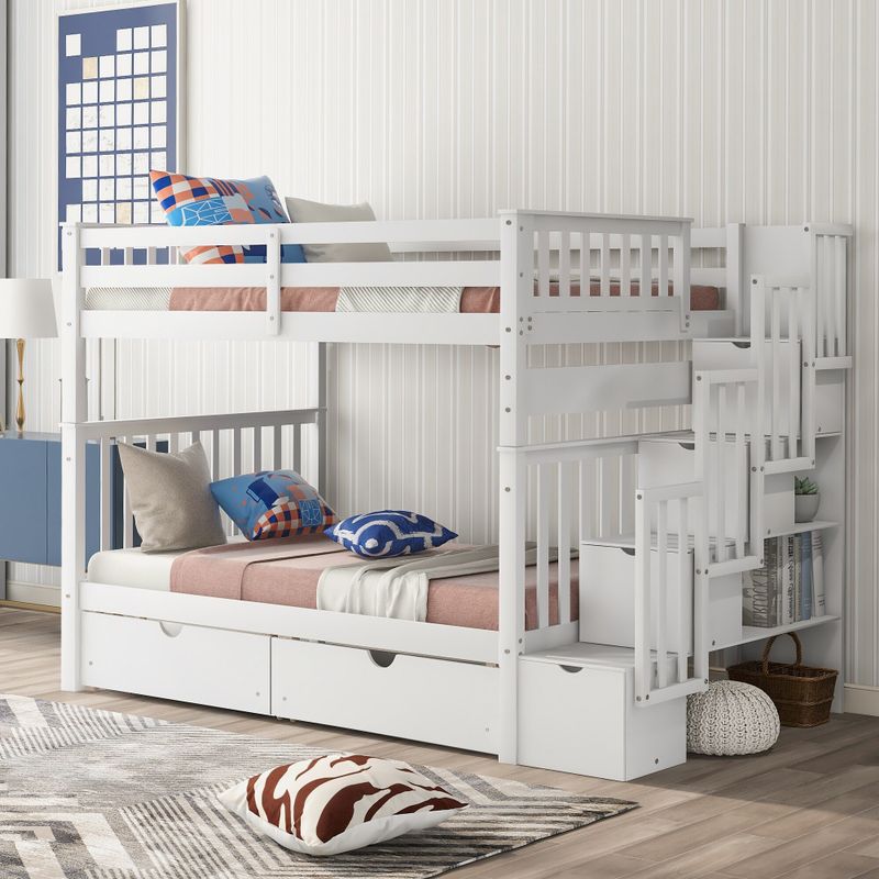 Full Over Full Bunk Bed with Shelves and 6 Storage Drawers - Grey