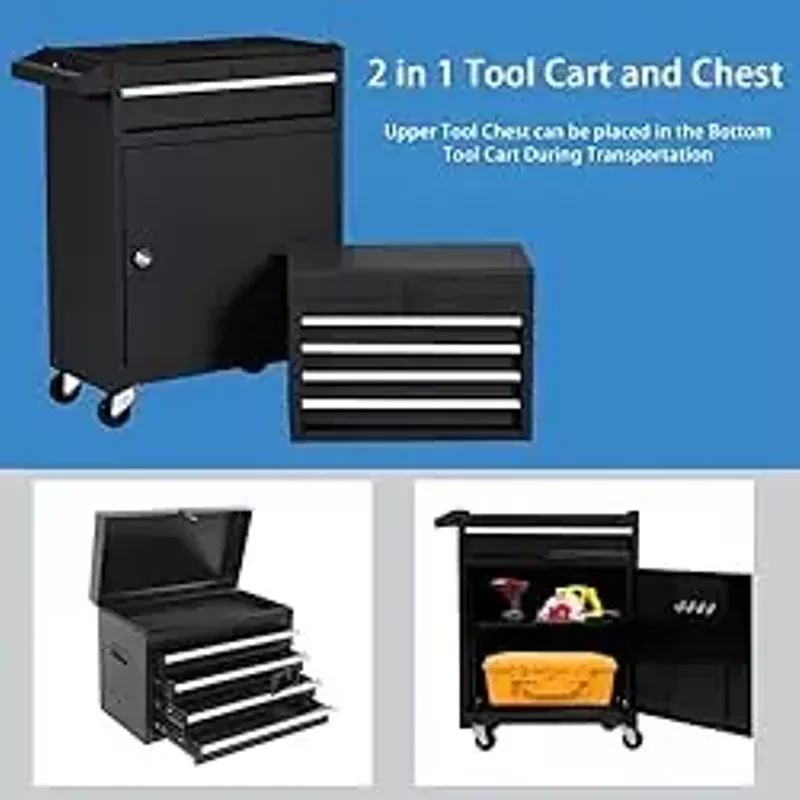 SumKea Wheels, Box, 5 Drawer Rolling Tool Chest and 2 Lockers, Detachable Storage Cabinet, for Garage Warehouse Workshop, Black