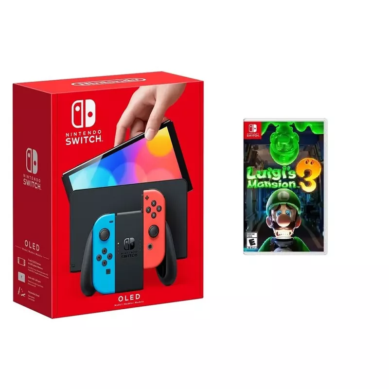 Nintendo - Switch OLED Neon (Red/Blue) + Luigi's Mansion 3 BUNDLE