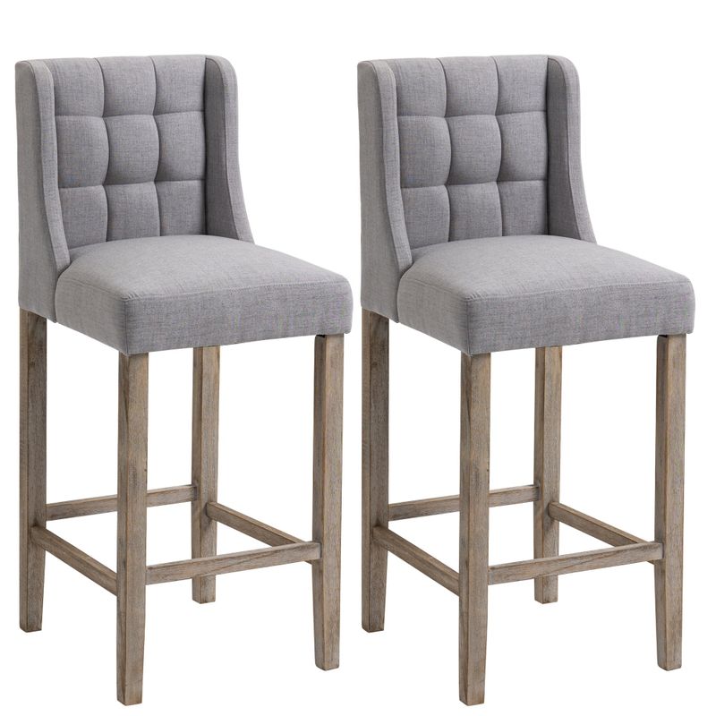 HOMCOM Modern Bar Height Bar Stools Set of 2 Tufted Upholstered Pub Chairs with Back Rubber Wood Legs for Kitchen,Dining Room - Beige