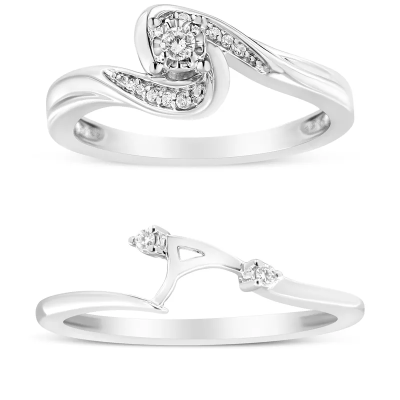 .925 Sterling Silver 1/10 Cttw Diamond Swirl and Bypass Bridal Set Ring and Band (I-J Color, I3 Clarity) - Size 11