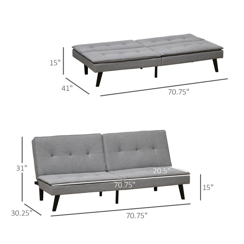 HOMCOM Convertible Lounge Futon Sofa Bed/3 Seater Tufted Fabric Upholstered Sleeper with Adjustable Backrest, Grey - Grey - Twin