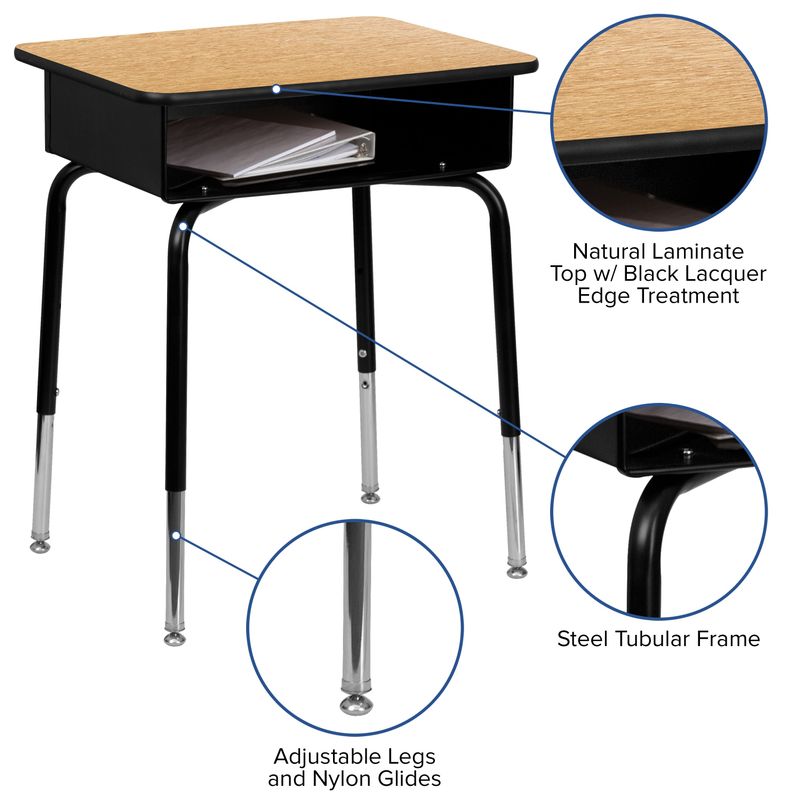 5 Pack Student Desks with Open Front Metal Book Boxes - School Desk - 24"W x 18"D x 22.25" - 31.25"H - Natural