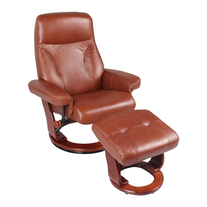 Almond Genuine Leather Recliner and Ottoman - Brown