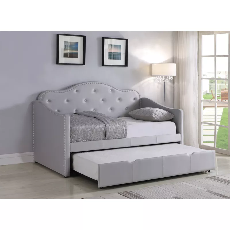 Upholstered Twin Daybed with Trundle Pearlescent Grey