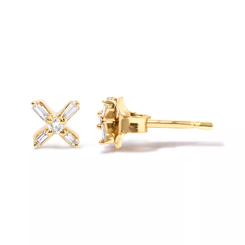 10K Yellow Gold 1/10 Cttw Round and Baguette Diamond Criss Cross X Stud Earring (H-I Color, I1-I2 Clarity)