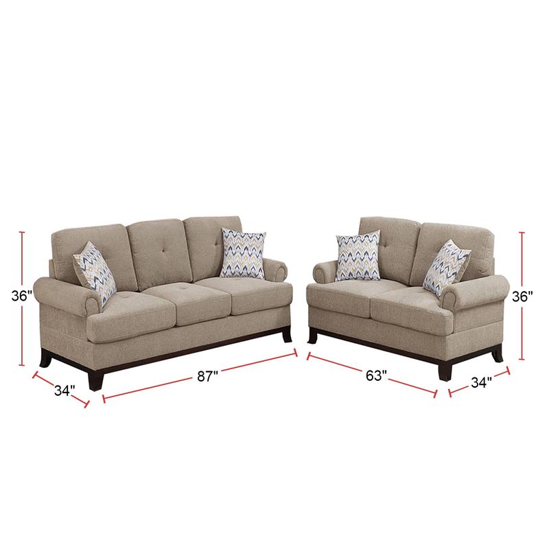 2 Pieces Sofa Set with 2 Accent Pillows - Dark coffee