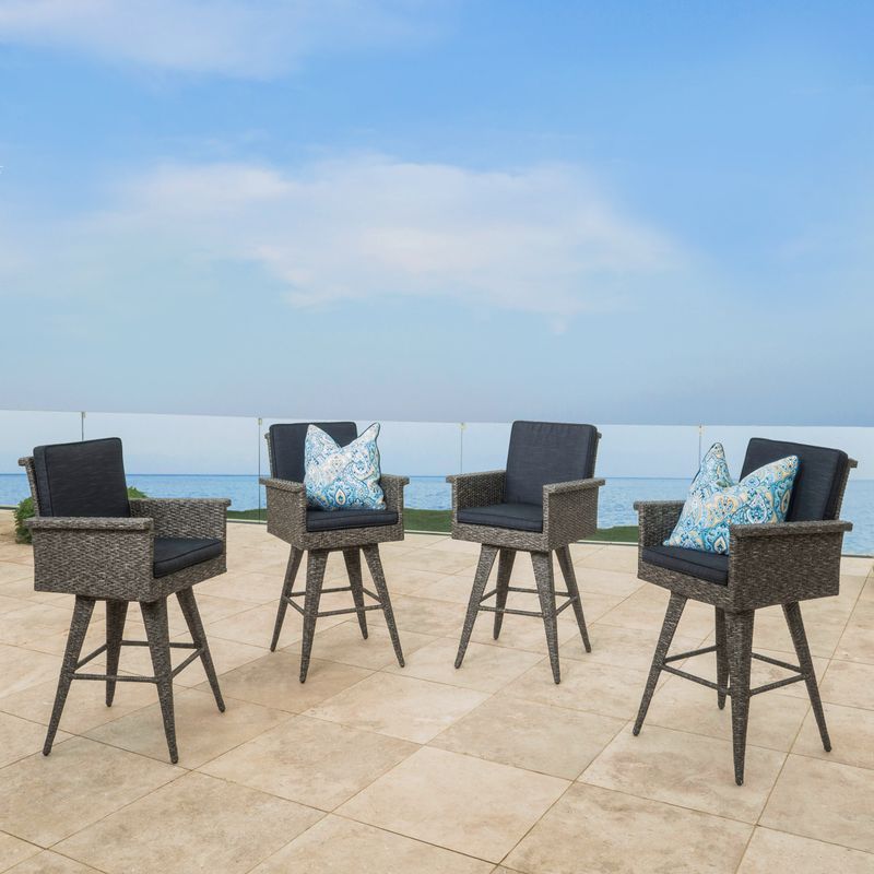 Puerta Outdoor Wicker Barstool with Cushions (Set of 4) by Christopher Knight Home - Dark Grey Wicker with Mixed Black Cushions