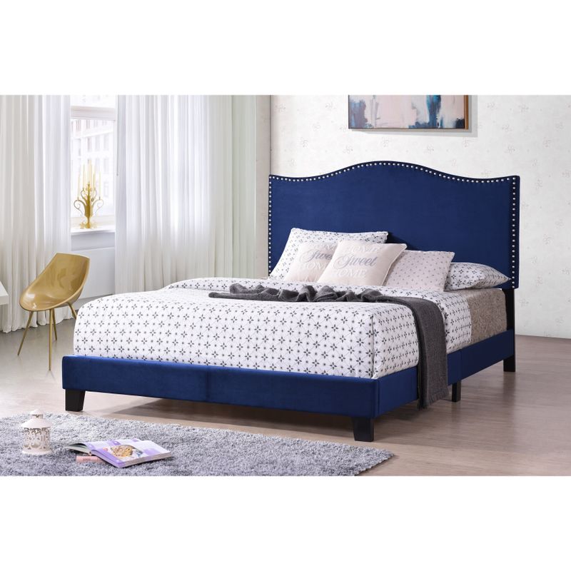 Blue Velvet Upholstered Bed- Queen - Queen