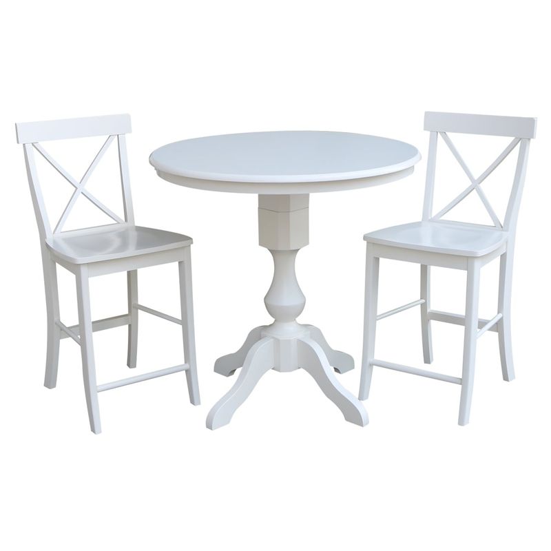 36" Round Pedestal Gathering Height Table With 2 X-Back Counter Height Stools