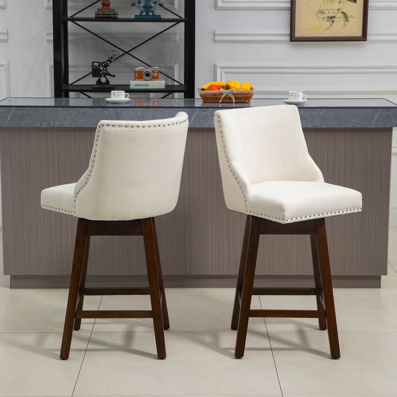 HOMCOM 28" Swivel Bar Height Bar Stools Set of 2, Armless Upholstered Barstools Chairs with Nailhead Trim and Wood Legs - Bar Height -...