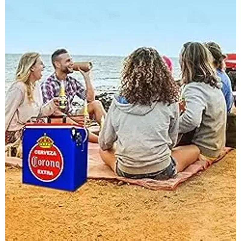 Corona Retro Ice Chest Cooler with Bottle Opener 13L (14 qt), 18 Can Capacity, Blue and Red, Vintage Style Ice Bucket for Camping, Beach, Picnic, RV, BBQs, Tailgating, Fishing