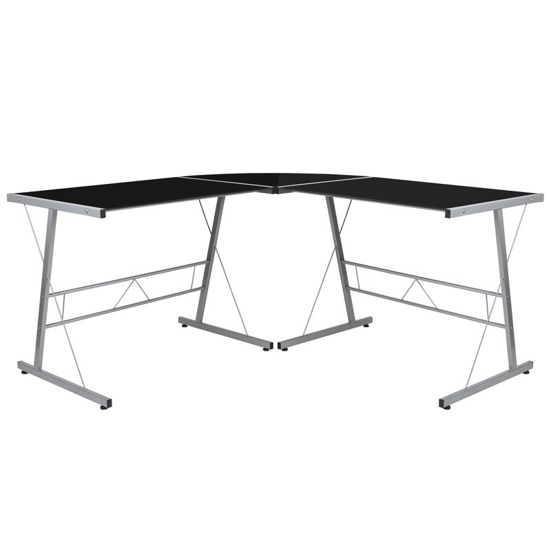 Glass L-Shape Corner Computer Desk with Silver Metal Frame - Clear/Silver