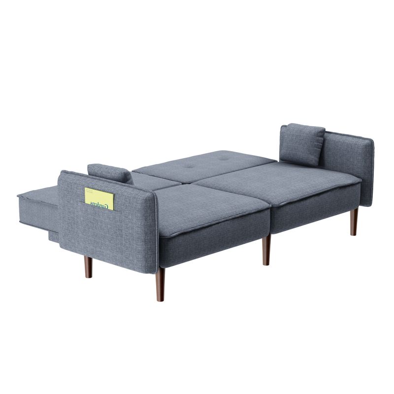 Convertible Futon Sofa Bed with Solid Wood Legs in Cotton Linen Fabric - Blue