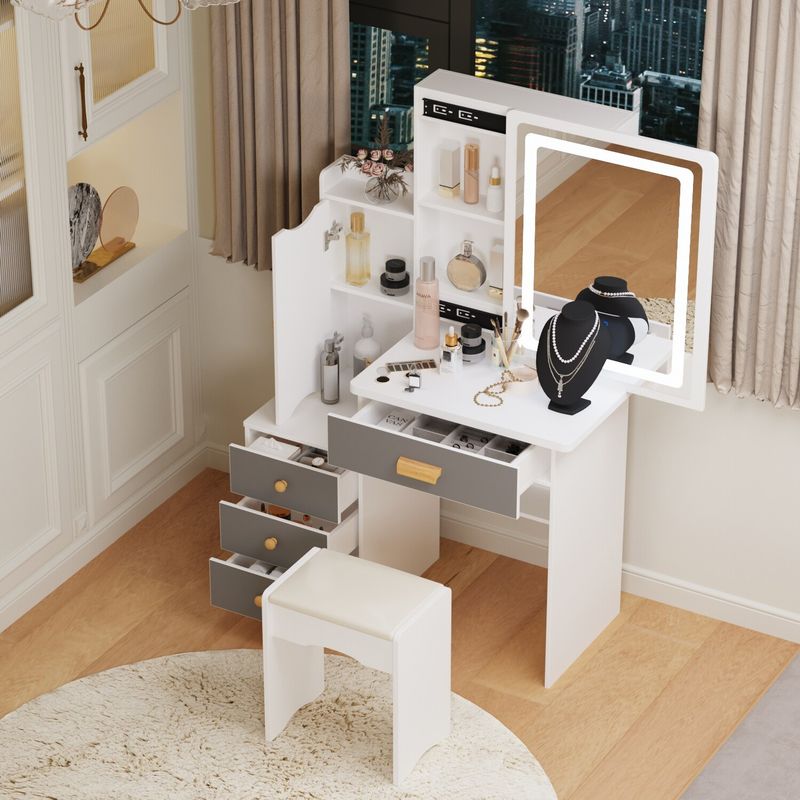 4-Drawer Makeup Organizer Vanity Table Set with LED-lit Mirror Dresser - White