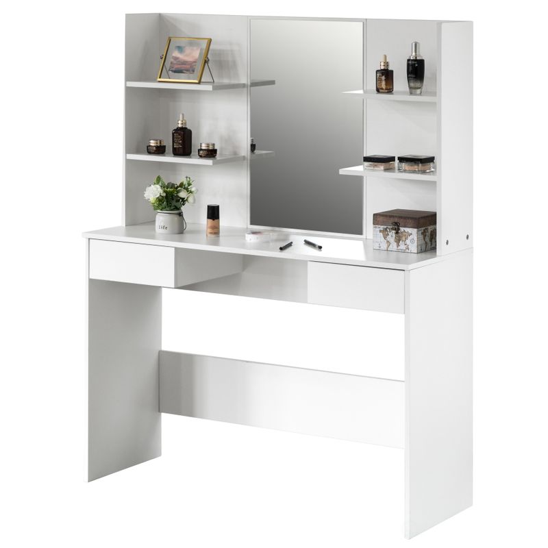 Modern Wooden Dressing Table with Drawer, Mirror and Shelves - Black