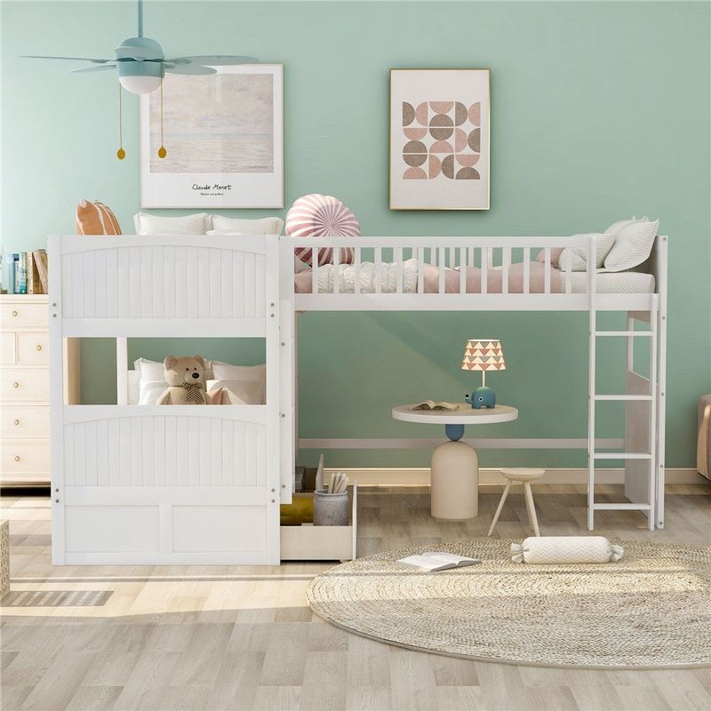 Twin size bunk bed with a loft bed attached, with two drawers - White
