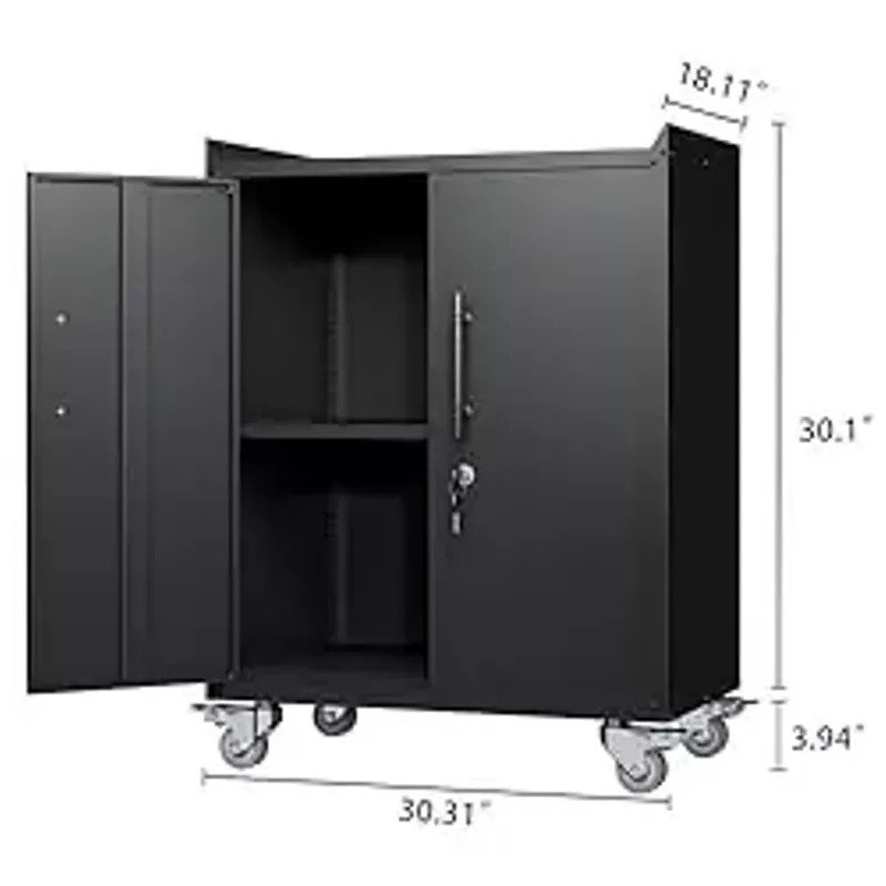 PULLAFUN 2 Door Tool Cabinet for Garage, Lockable Garage Storage Cabinet, Metal Storage Cabinet with 2 Adjustable Shelves, Rolling Tool Chest with Wheels, Assembly Required 34" H * 30.3" L * 18" W