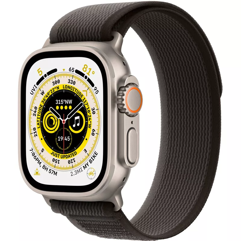 Apple Watch Ultra (GPS + Cellular) 49mm Titanium Case with Black/Gray Trail Loop - M/L - Titanium