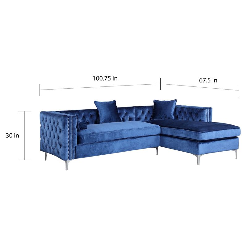 Chic Home Monet Velvet Silver Right Facing Sectional Sofa, Navy - Right Facing - Blue