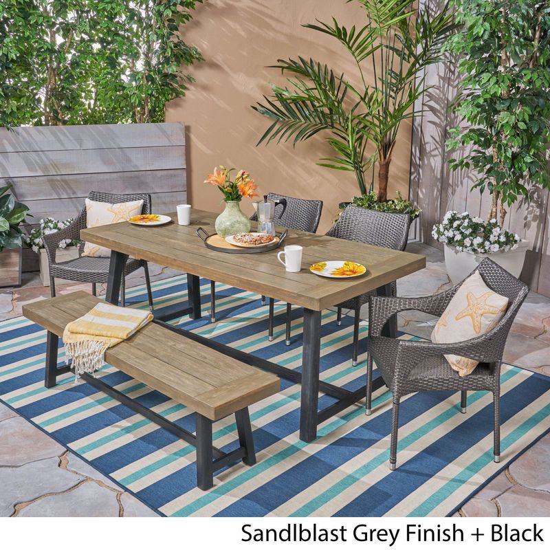 Brecken Outdoor 6 Piece Wood and Wicker Dining Set with Stacking Chairs and Bench  by Christopher Knight Home - sandlblast grey + black...