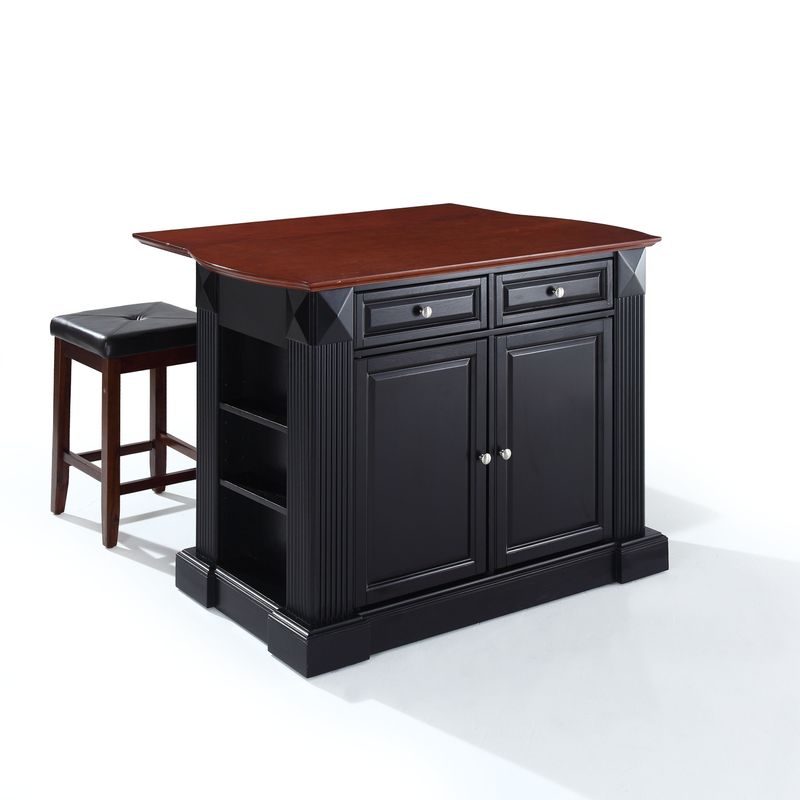 Coventry Drop Leaf Breakfast Bar Top Kitchen Island in Black Finish with 24" Black Upholstered Square Seat Stools - Black