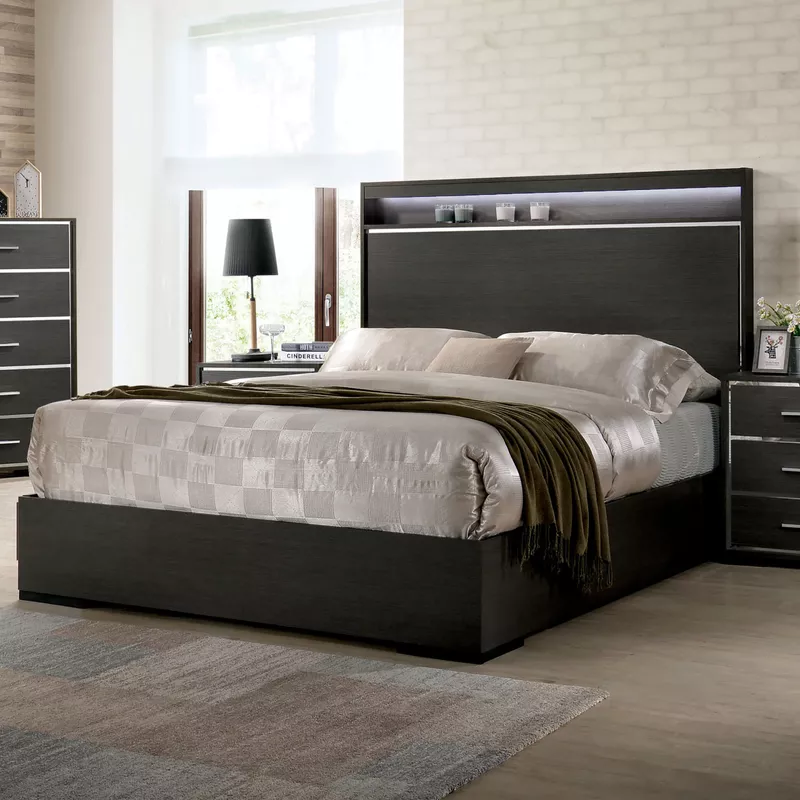 Contemporary Wood Queen Panel Bed with LED Lights in Warm Gray