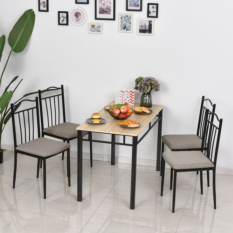 HOMCOM 5 Pieces Dining Set 1 Table 4 Chairs Metal Legs Cushion Seat Wood Color for Home Kitchen - Ash