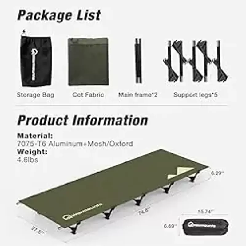 WARMOUNTS Compact Camping Cot, 60s Easy Set-Up, 28'' Wide Surface, Ultralight Backpacking Cot Supports 330lbs, Folding Camping Cot w/Carrying Bag for Outdoors & Indoor-Army Green