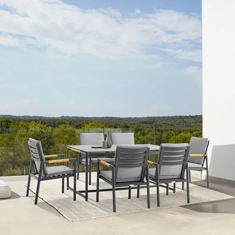 Royal Black Aluminum and Teak Outdoor Dining Table with Stone Top