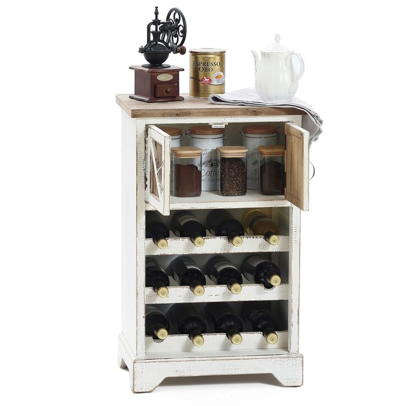 White and Natural Wood 2-Door Wine Cabinet - 30.9" H x 18.9" W x 13" D - Distressed White / Wood