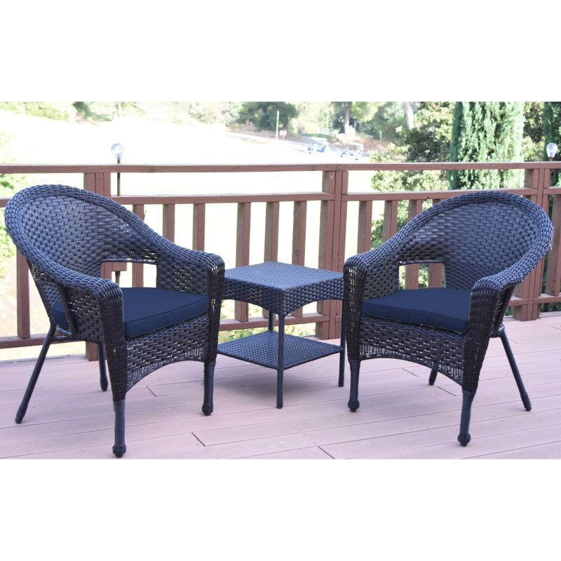Set of 3 Espresso Resin Wicker Clark Single Chair with 2 inch Midnight Blue Cushion and End Table - 2-Piece Sets