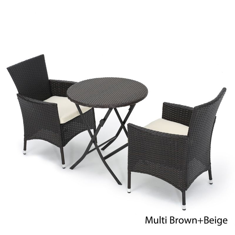 Malaga Outdoor 3-piece Round Wicker Dining Bistro Set with Cushions by Christopher Knight Home - Multibrown + Beige