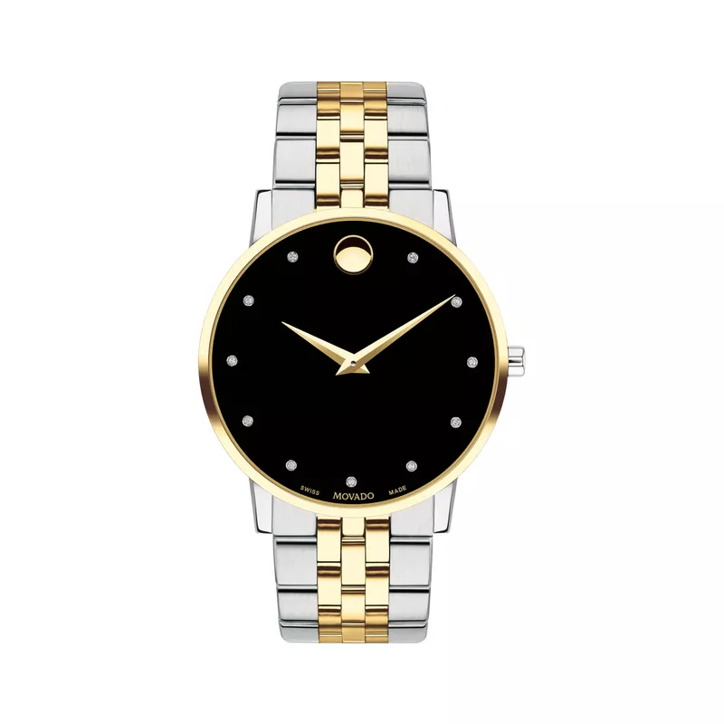 Movado - Mens Museum Classic Two-Tone Diamond Marker Watch Black Dial