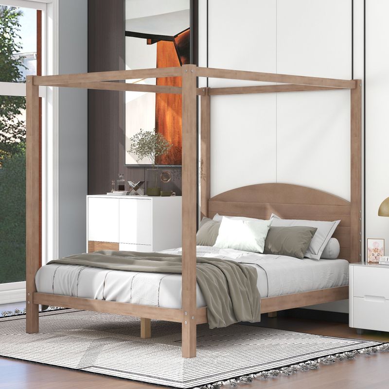 Nestfair Queen Size Canopy Platform Bed with Headboard and Support Legs - Grey