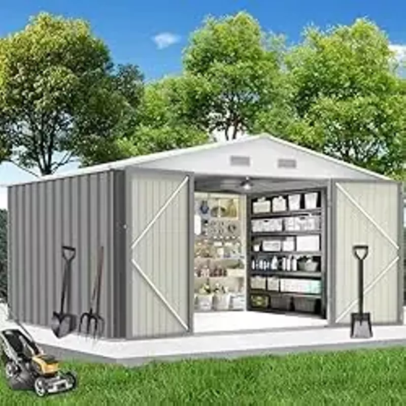 10.4'x12' Outdoor Storage Shed, Large Garden Shed, with Slooping Roof and 4 Vents. Updated Reinforced and Lockable Doors Frame Metal Storage Shed for Patiofor Backyard, Patio, Garage, Lawn,Gray