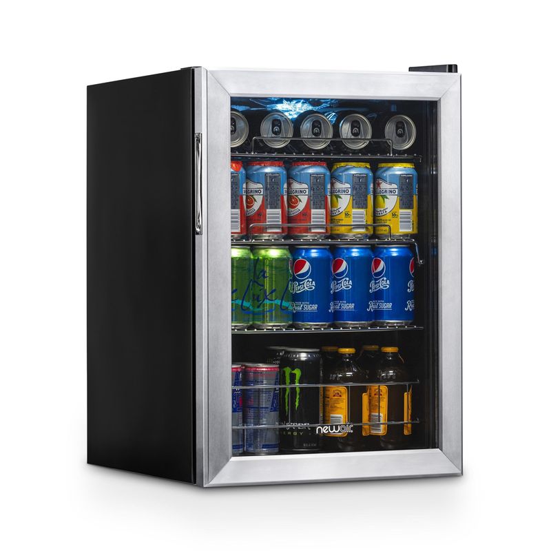 NewAir 90 Can Freestanding Beverage Refrigerator, Stainless Steel Mini Fridge with a Glass Door and Adjustable Shelves, AB-850 - Silver