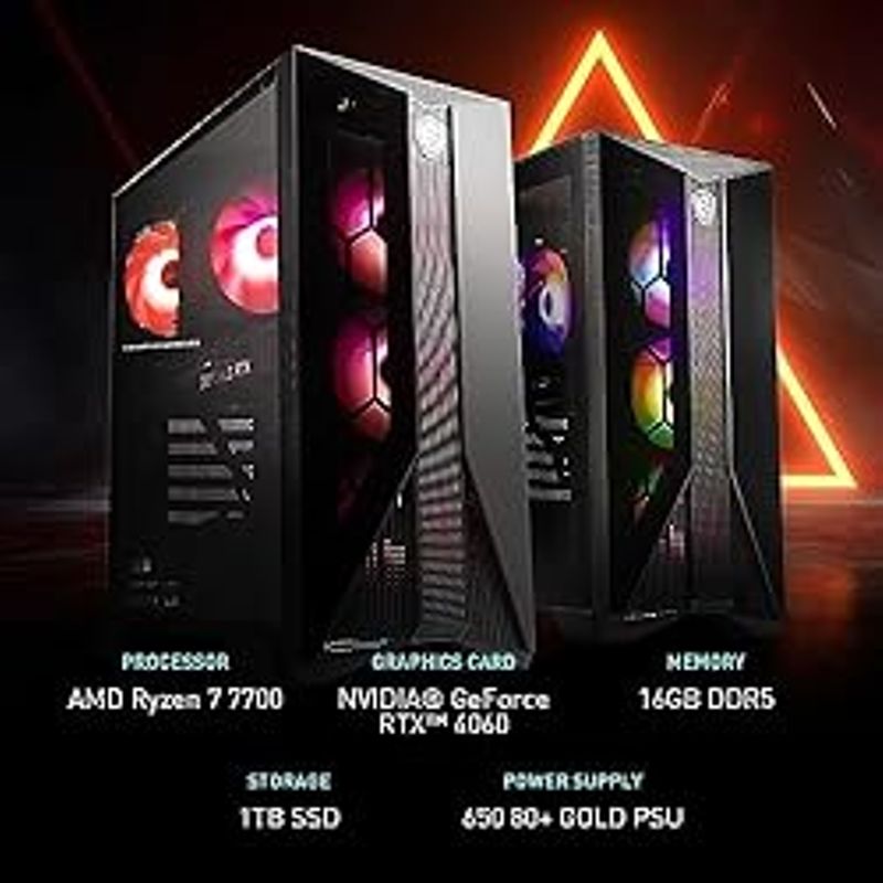 MSI Aegis ZS Gaming Desktop, AMD Ryzen 7 7700, GeForce RTX 4060, 16GB RAM, 1TB SSD, RGB Fan Cooling, Wi-Fi 6E, Keyboard & Mouse Included,...