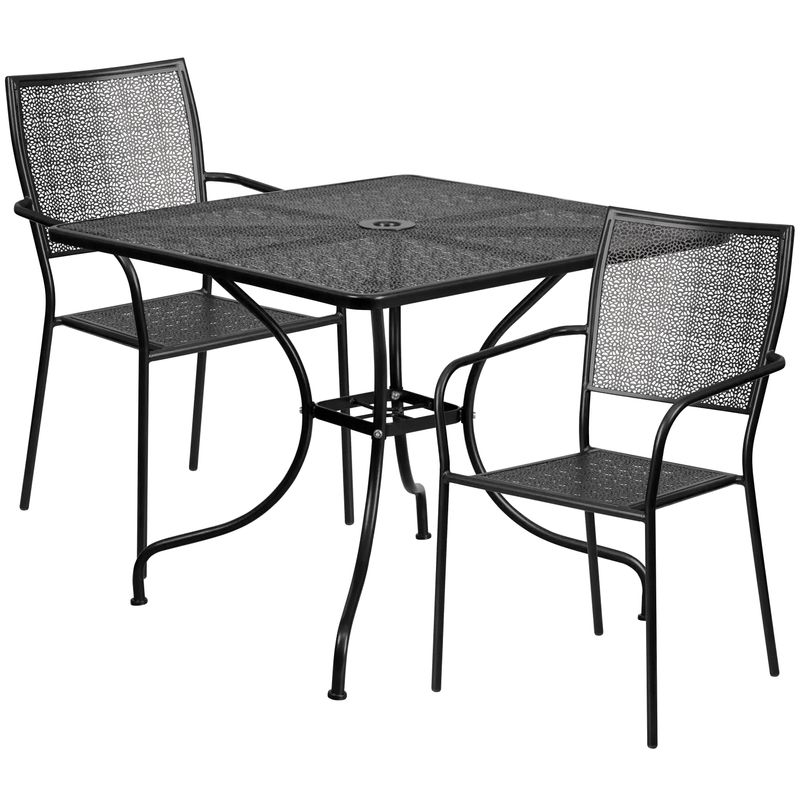 35.5-inch Square Steel 3-piece Patio Table Set with Square Back Chairs - Black