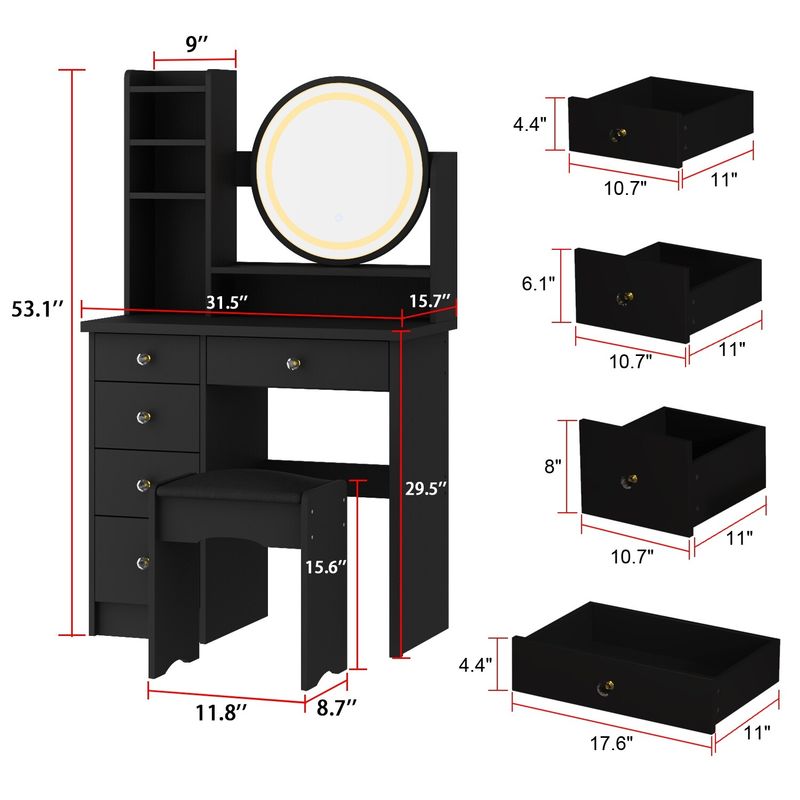 Makeup Vanity Dressing Tabel Set With Touch Screen Mirror & Stool - Black