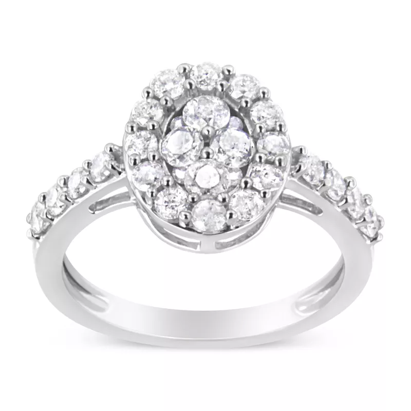 .925 Sterling Silver 1.0 Cttw Brilliant-Cut Diamond Halo-Style Cluster Oval Ring (I-J Color, I3 Clarity) - Choice of size
