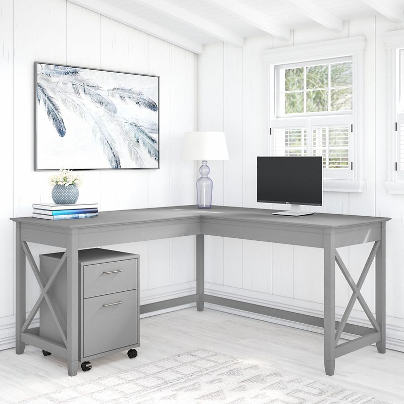 Key West 60W L Shaped Desk with Mobile File Cabinet by Bush Furniture - Shiplap Gray/Pure White