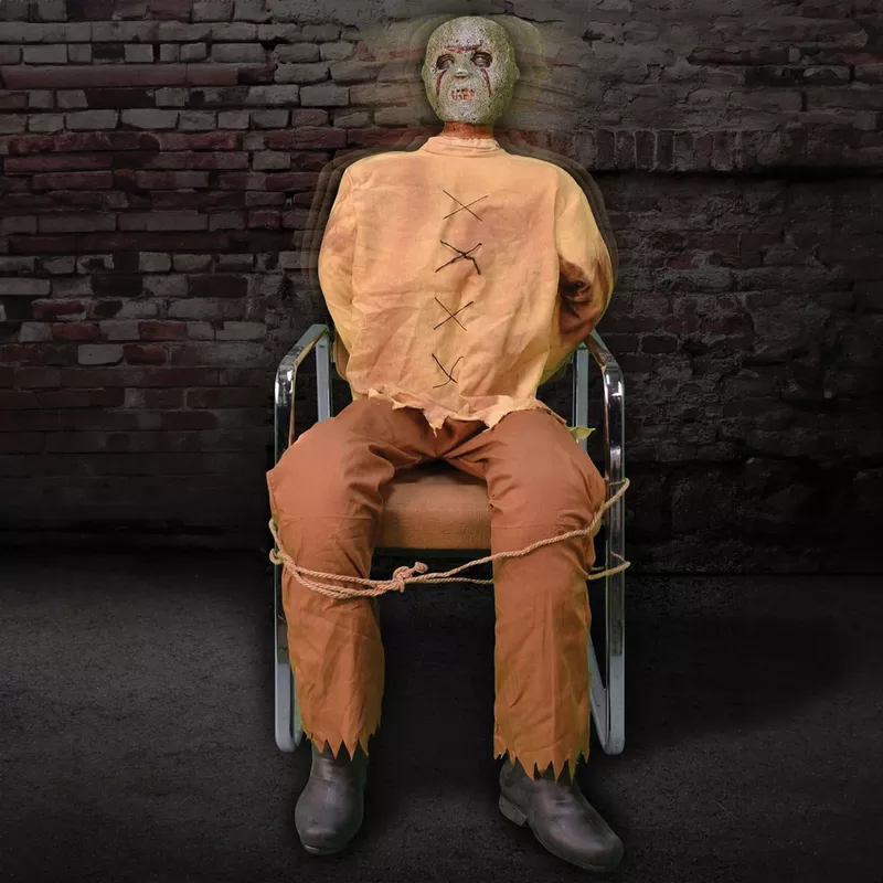 Motion-Activated Thrashing Prisoner by Tekky, Sitting Premium Halloween Animatronic, Plug-In or Battery