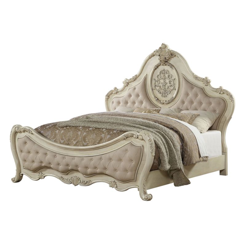 ACME Ragenardus Queen Bed, Beige Linen & Antique White (1Set/3Ctn)