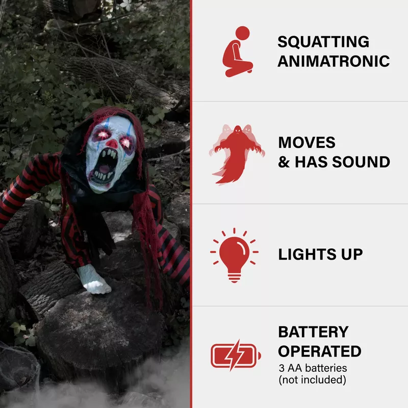 Animatronic Squatting Clown Dog with Movement, Sounds, and Light-Up Eyes for Scary Halloween Decoration