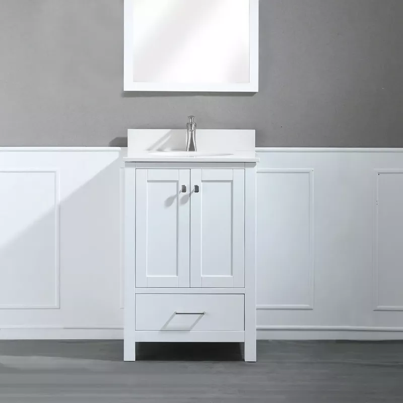 Proox 24 in.Contemporary Bathroom Vanity Quartz Top Round Rectangle Sink - White - Single Vanities