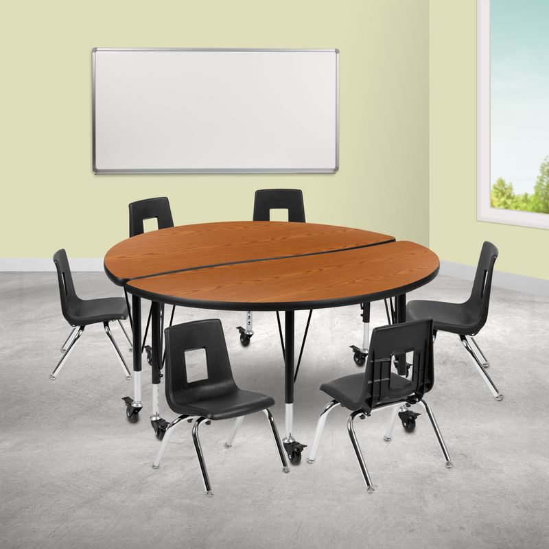 Mobile 47.5" Circle Wave Collaborative Laminate Activity Table Set with 12" Student Stack Chairs, Grey/Black - Oak