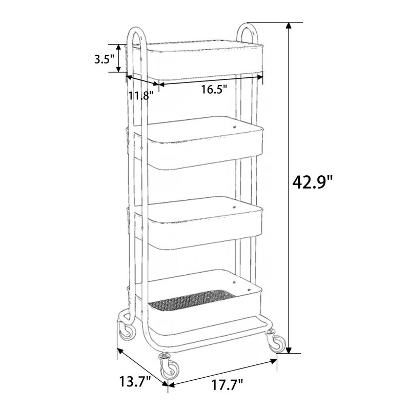 4-Tier Metal Utility Cart with Wheels Storage Shelves Organizer - 17.7"x13.7"x42.9" - Blue