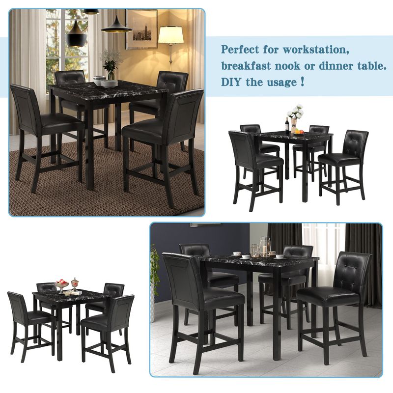 Nestfair 5-Piece Faux Marble Top Counter Height Dining Table Set with 4 PU Leather-Upholstered Chairs - Black