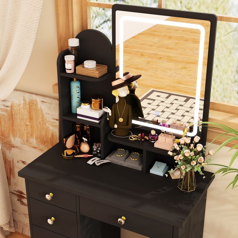 Makeup Vanity Set Table With LED Light &Mirror & Stool - Black